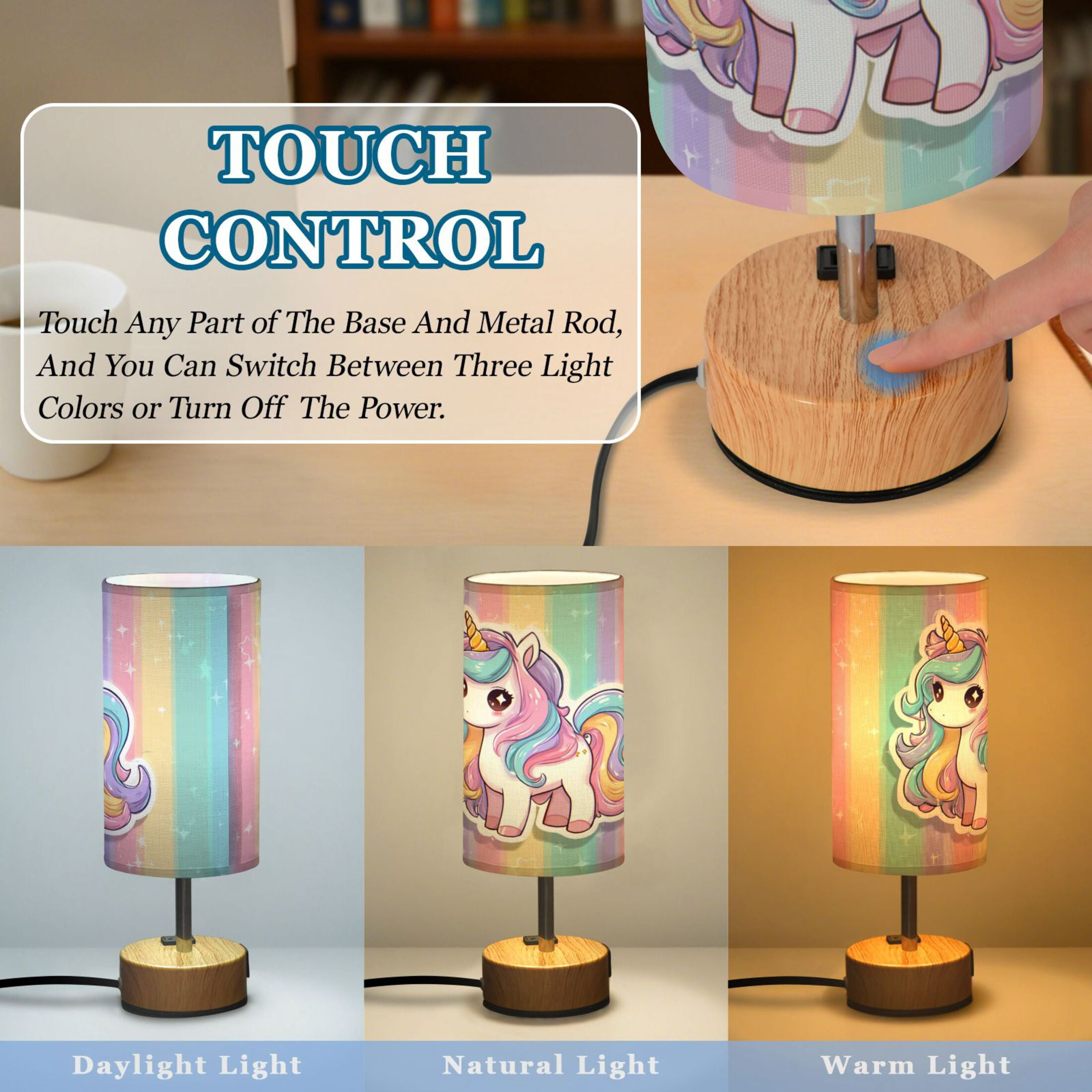 Touch-Control 3-Color Desk Lamp with Plug – Energy-Saving LED + 3 Simultaneous Charging Ports Cute Cartoon Unicorn