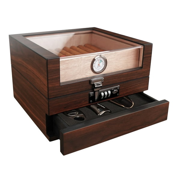 Wudytim Handcrafted Humidor Box – Spanish Cedar Lined Storage with 270° View and Accessories drawer (25-60 Cigars)