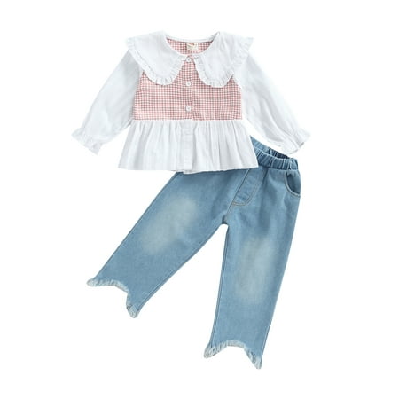 

Suanret 2Pcs Kids Girls Denim Pants Sets Ruffled Houndstooth Print Doll Collar Long Sleeve Shirt + Frayed Hem Jeans Red 2-3 Years