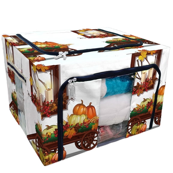 PKQWTM Thanksgiving Rich Harvest Autumn Festival Storage Bag Clear Window Storage Bins Boxes Large Capacity Foldable Stackable Organizer With Steel Metal Frame For Bedding,Clothes,Closets, Bedrooms