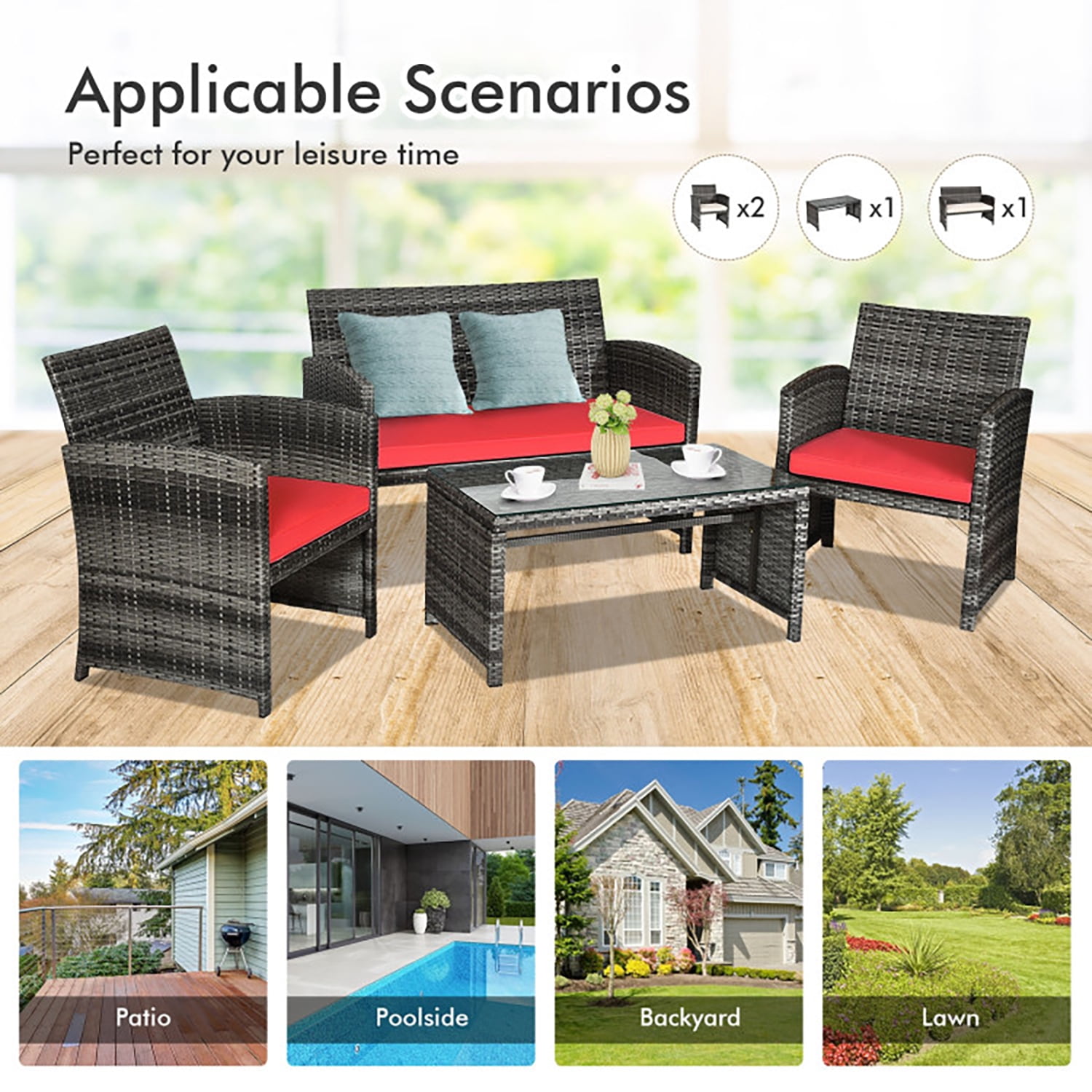 Aimee Lii 4 Pieces Wicker Patio Furniture Set with Cushions, Wicker Outdoor Sectional, Red Aimee Lii 4 Pieces Wicker Patio Furniture Set with Cushions, Wicker Outdoor Sectional, Red