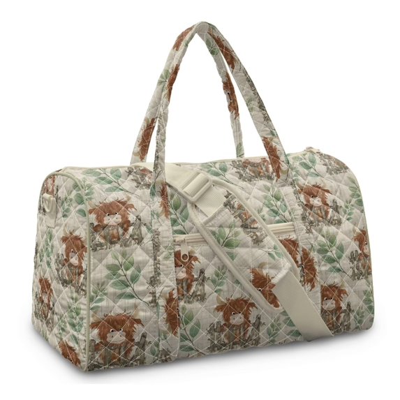 Garronmavis Highland Cow Print Large Quilted Duffle Bag for Women, Cute Weekender Overnight Travel Carry On Tote Bag with Luggage Sleeve for Gym, Dance, Hospital Use