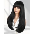 thumbnail image 2 of Long Straight Layered Wigs with Bangs Black Wigs for Women 4x2 Realistic  Scalp Put  and Go Glueless Wigs Synthetic Wig Heat Resistant Fiber Daily Use ( Black, 26Inch), 2 of 6