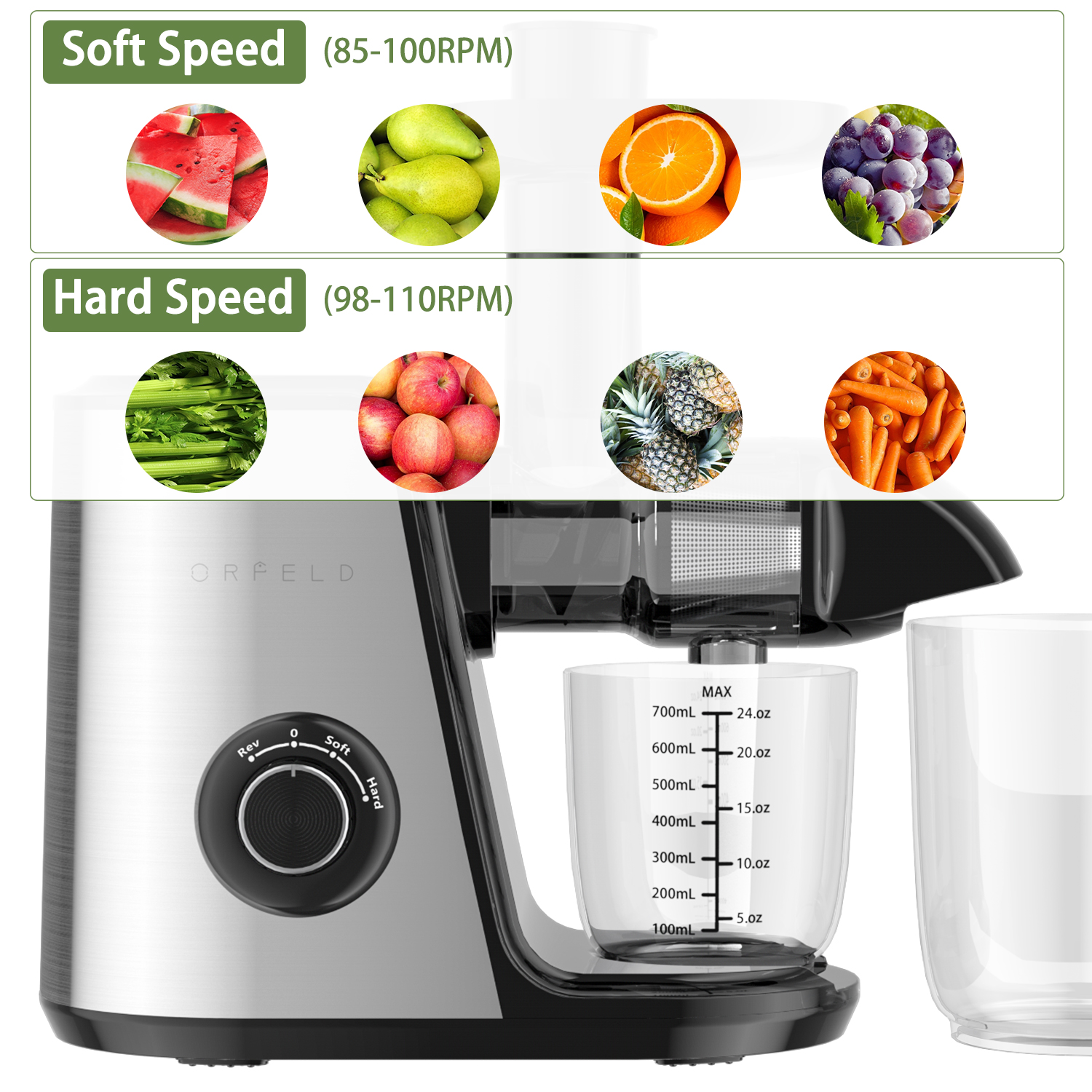 Masticating Juicer, ORFELD 150W Juicers Machine 3" New Extractors for Fruits and Vegetables, Silver - image 8 of 9