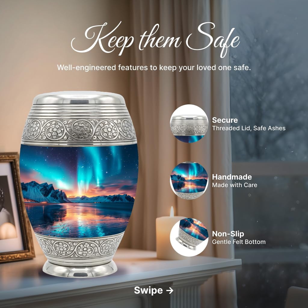 Set of 6 Cremation Urns for Human Ashes Includes 1 Large Urn with 4 Small Keepsakes & 1 Silver Necklace - Aroura Lake