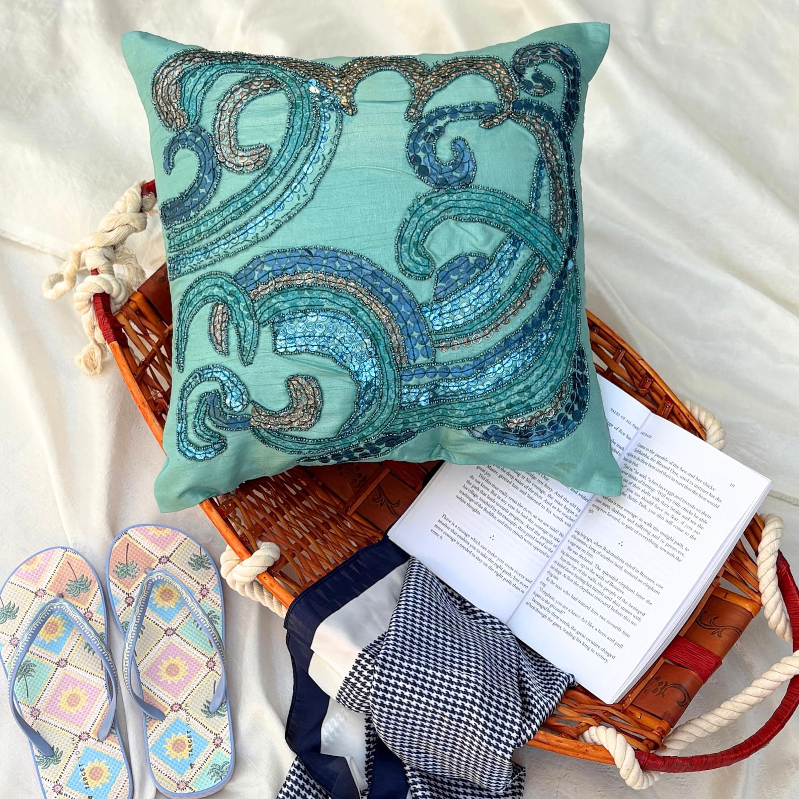 Custom Cushion Cover, Aqua Blue Decorative Pillow Cover&nbsp;For Sofa 16x16 inch (40x40 cm), Silk Pillowcase&nbsp;With Zipper, Abstract, Waves, Sequins Embellished, Mediterranean Throw - Tides