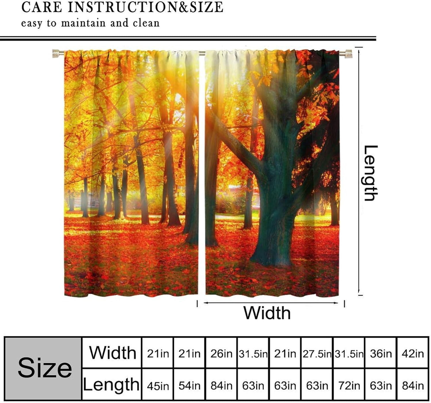 Natural Landscape Blackout Curtains, Forest Sunset Maple Leaf Lawn Woodland Pattern Printed Curtains for Bedroom Living Room Insulation Curtains 52x84 Inches