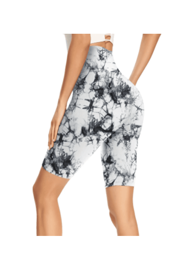 Workout Polyester Fitness Yoga Womens High Waist Short Leggings Tummy Control Tight Biker Shorts for Running Cycling(Large/XL White tie dye)