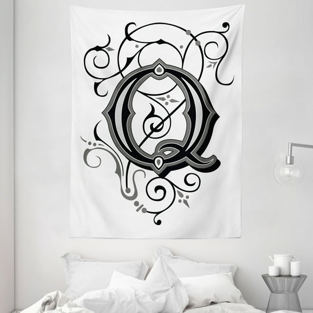 Letter Q Tapestry, Flowers Flourishing Gothic Q Words Writing Artistic Style Aged Typography