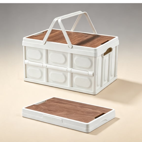 Jademall 30L Foldable Storage Box with Wooden Lid & Removable Handle, Stackable Plastic Organizer Bin for Home Camping Car Trunk Outdoor, Whtie, 17"x12"x9.4"