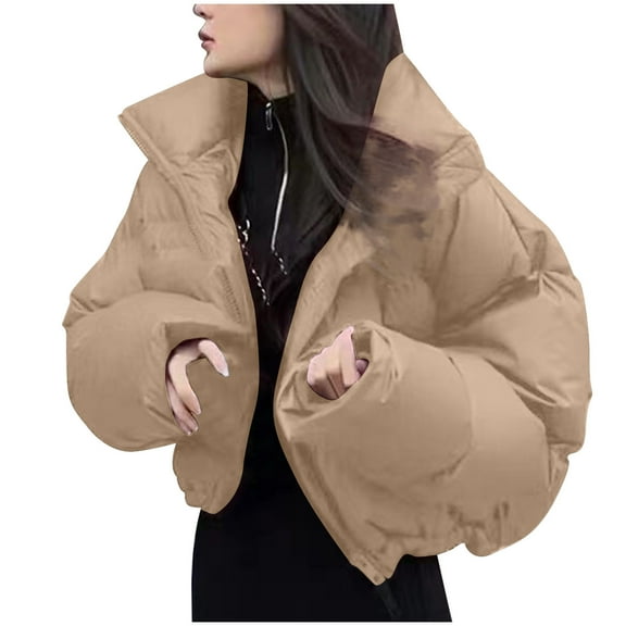 Black and Friday Clothing Sales Idoravan Women's Quilted Puffer Coat,Fashion Women Zipper Pocket Coat Long Jacket Winter Long Sleeve Down Cotton Khaki XXL