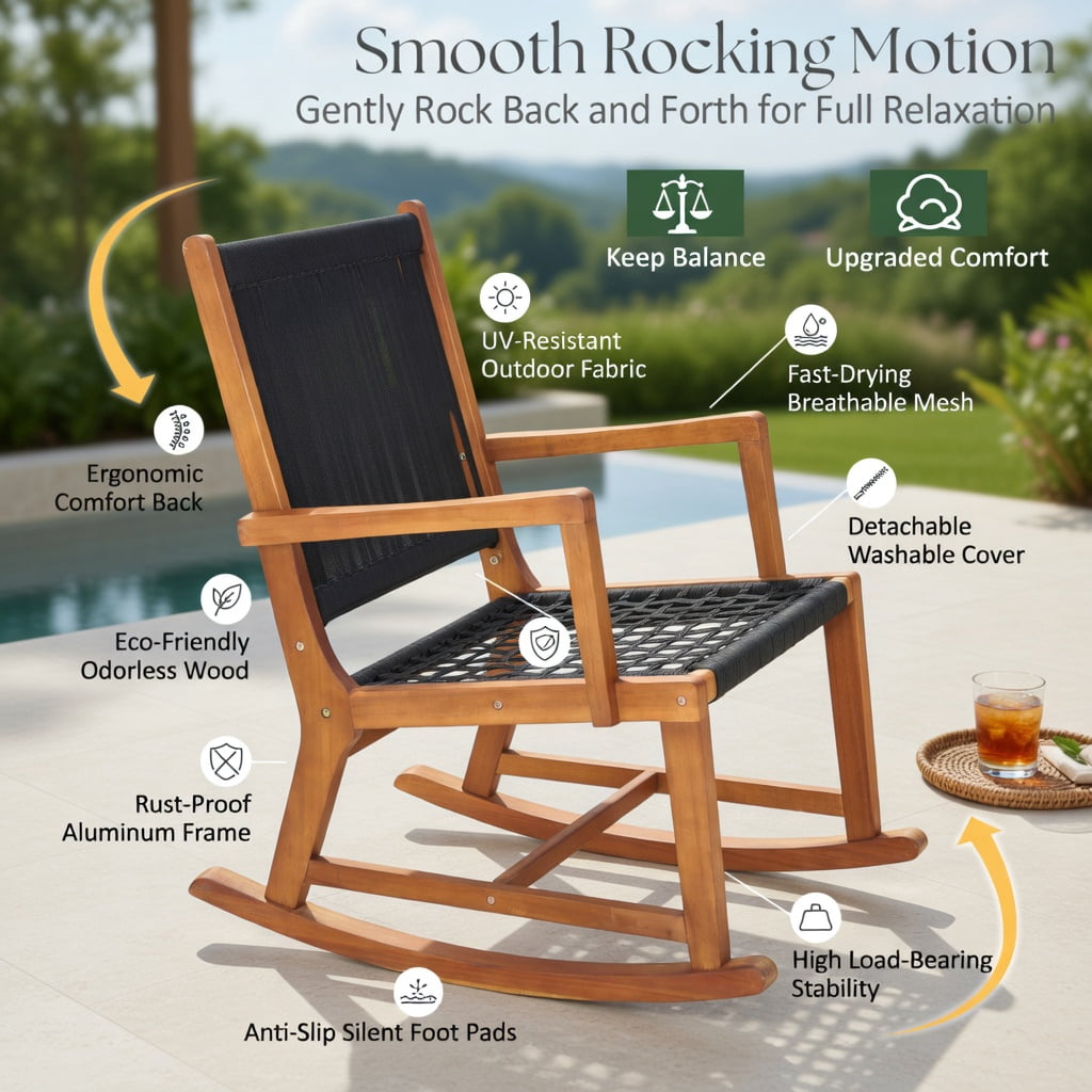 Hommoo 3-Piece Outdoor Acacia Wood Rocking Bistro Set with Breathable Plastic Rope Chairs & Square Coffee Table, Navy