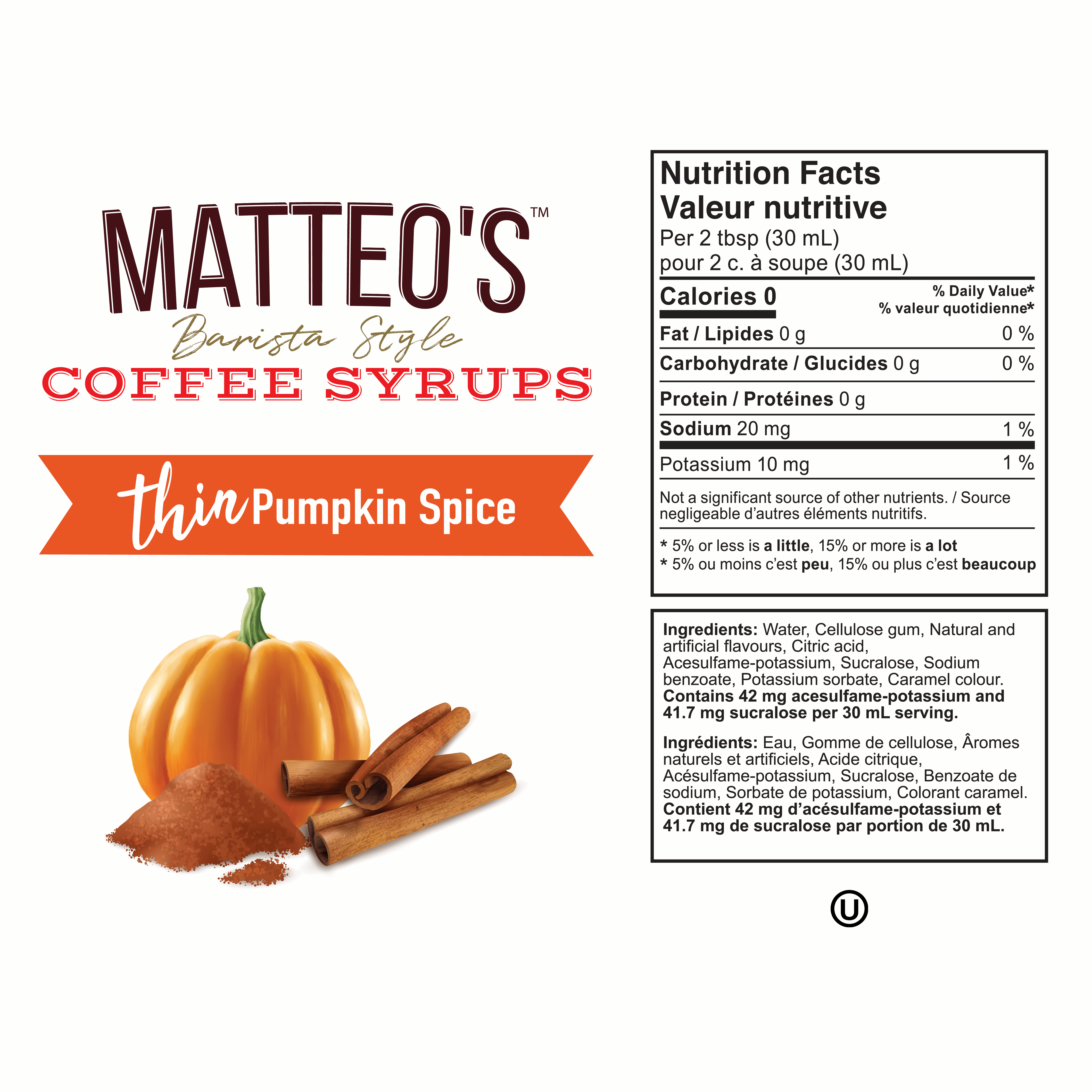 Matteo's Sirop Aromatisant Sans Sucre pour Café, Épice de Citrouille, Délicieux Sirop de Café, 0 Calories, 0 Sucre, Compatible Keto