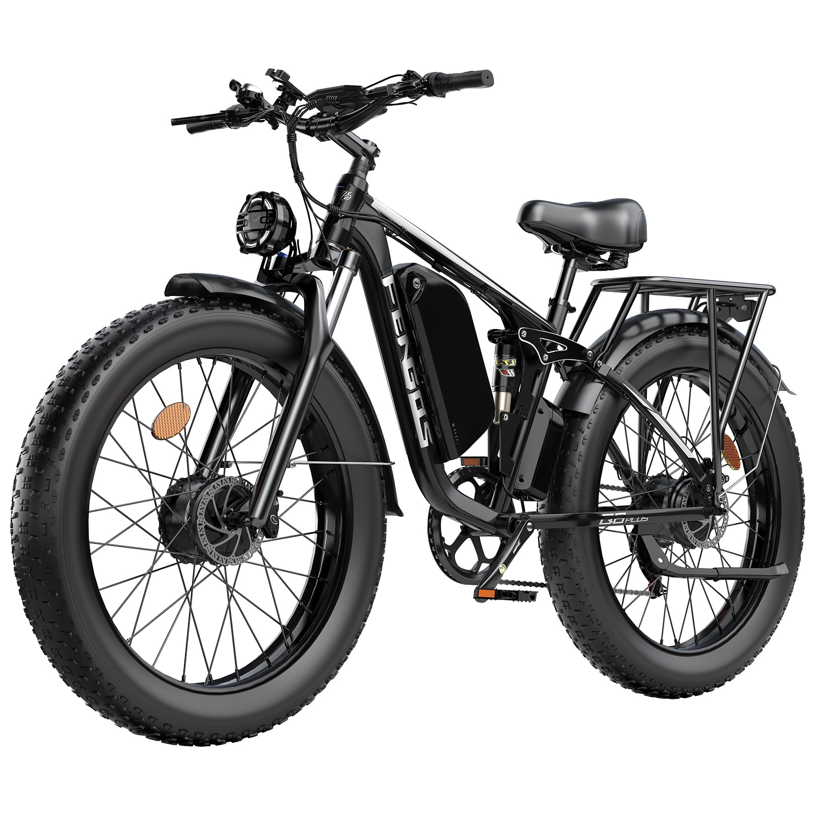 FENGQS 6000W Dual Motor Electric Bike for Adults, 50MPH 100 Miles 60V 1200Wh Ebike, 24" x 4" Fat Tire Full Suspension, Hydraulic Brakes 7-Speed Mountain E-Bicycle-(Black)