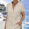 thumbnail image 4 of 2 Piece Summer Sets for Women Ndbuld Women's Summer And Linen Set Casual V-neck Top+pants Set Two-piece Set Beige L, 4 of 7