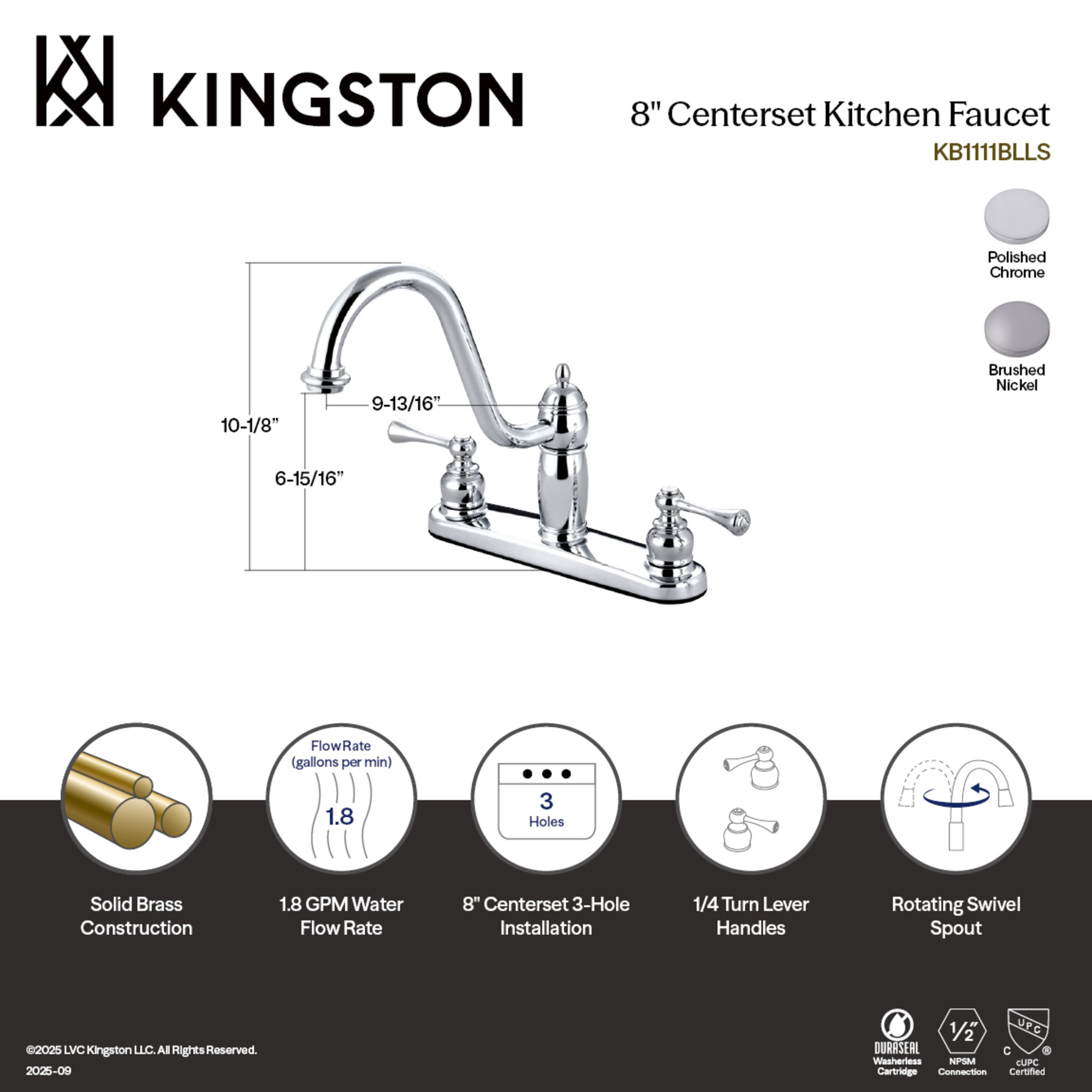 Kingston KB1111BLLS Heritage Two-Handle 3-Hole 8" Centerset Kitchen Faucet in Polished Chrome