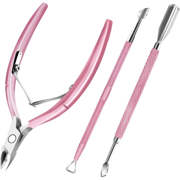 Cuticle Trimmer with Cuticle Pusher and Scissors, Cuticle Remover Professional Durable Pedicure Manicure Tools, Stainless Steel Cuticle Nipper Cutter Clipper for Fingernails and Toenails Pink