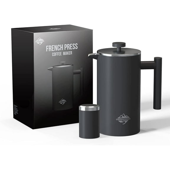CrossCreek French Press Coffee Maker, 304 Stainless Steel Coffee Press 34oz (4 cups) Tea maker with 60g Coffee Canister, Double Wall French Presses with Heat Preservation, Camping Portable, Dishwasher