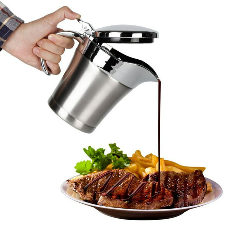Ovente Stainless Steel Gravy Boat Double Insulated Sauce Jug with Hinged Lid 14oz Ideal for Serving Cream or Salad Dressing at Family Dinner Thanksgiv