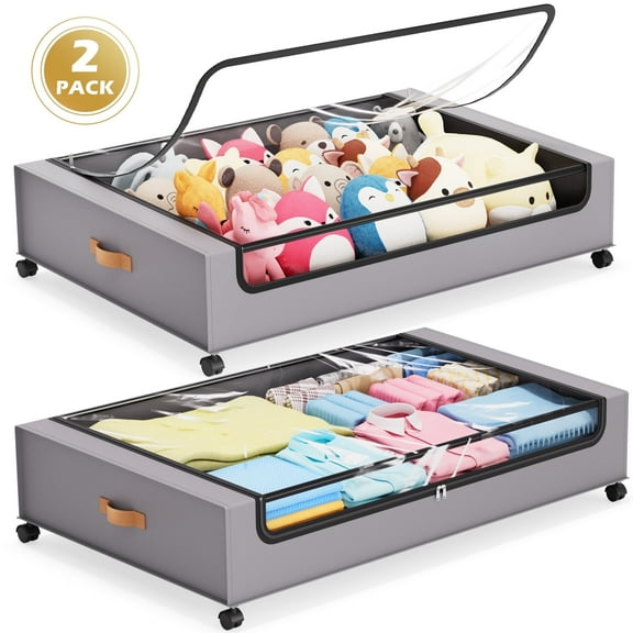 YOUPINS XXL 66L Under Bed Storage Bins with Wheels & Clear Lids – Rolling Containers for Clothes, Shoes, Toys, 2-Pack (Gray)