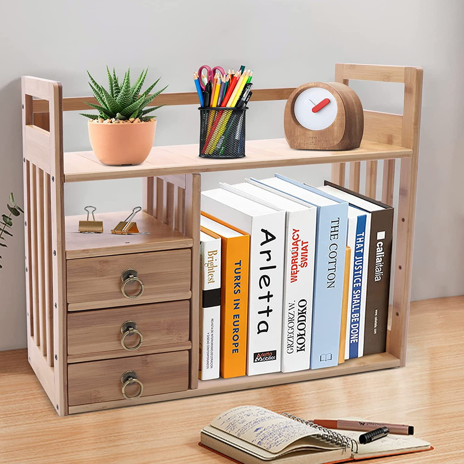 Salafey Expandable Desktop Bookshelf,Bamboo Desktop Bookcase,Mini Bookshelf  Organizer Tabletop Bookshelf for Office Home Tabletop