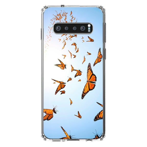 DistinctInk Clear Shockproof Hybrid Case for Samsung Galaxy S10  PLUS(6.4" Screen) - TPU Bumper, Acrylic Back, Tempered Glass Screen Protector - Flying Monarch Butterflies