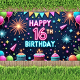 thumbnail image 5 of Neon Design Happy Birthday Banner Colorful Party Background Decorative Fireworks Birthday Decor for Sweet 16 Celebration Indoor Party Event, 5 of 7