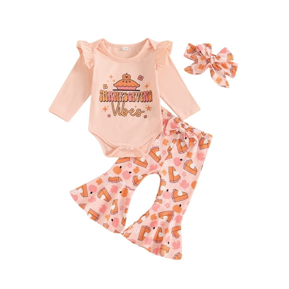 Baby Toddler Girls Thanksgiving Outfits 0 3 6 12 18 Months Letter Print Long Sleeves Romper and Elastic Pie Print Flared Pants Headband Clothing Set