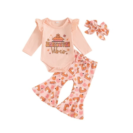 

Suealasg Baby Girls Thanksgiving Outfit 3Pcs Newborn Girls Spring Fall Clothes 3 6 12 Months Infant Girls Letter Print Long Sleeve Romper Pie Print Flared Pants Headband Set