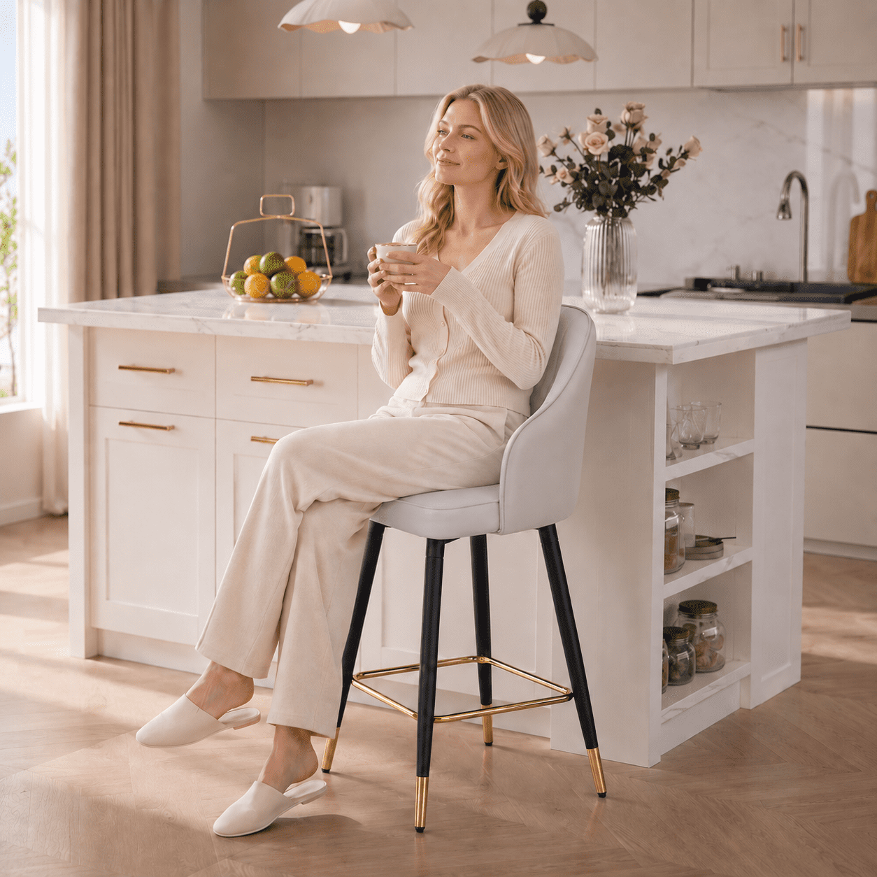 StnTalk Bar Stools Set of 2, Counter Height Barstools with Backs, Light Gray PU Leather Kitchen Stools with Gold Footrest & Stable Metal Legs, Modern Upholstered Chairs for Kitchen Island