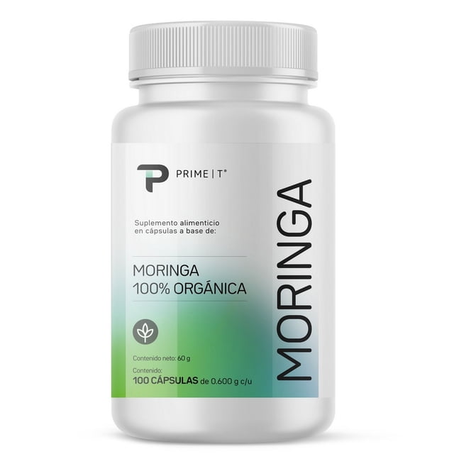 Primetech Moringa Orgánica, 100 Cápsulas de 500mg. Libre de Transgénicos y alta en proteína con aminoácidos esenciales, vitaminas y minerales que apoyan a la salud