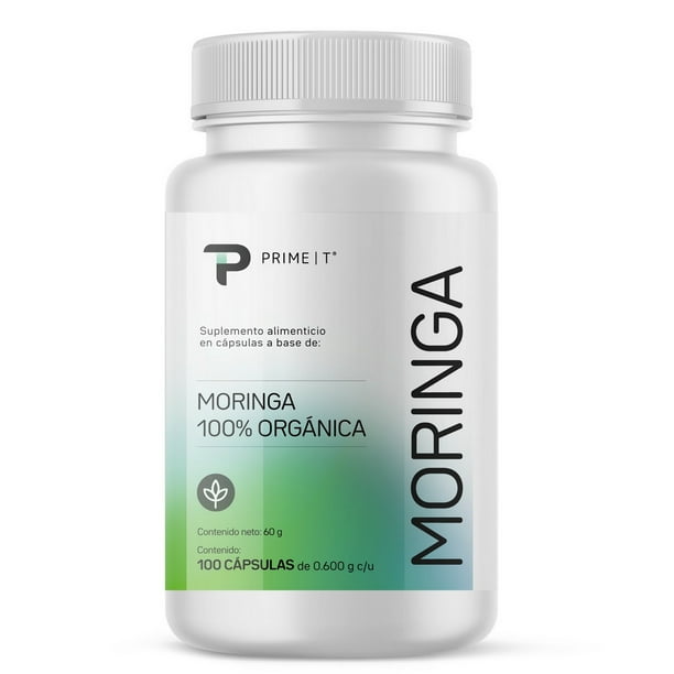 Primetech Moringa Orgánica, 100 Cápsulas de 500mg. Libre de Transgénicos y alta en proteína con aminoácidos esenciales, vitaminas y minerales que apoyan a la salud