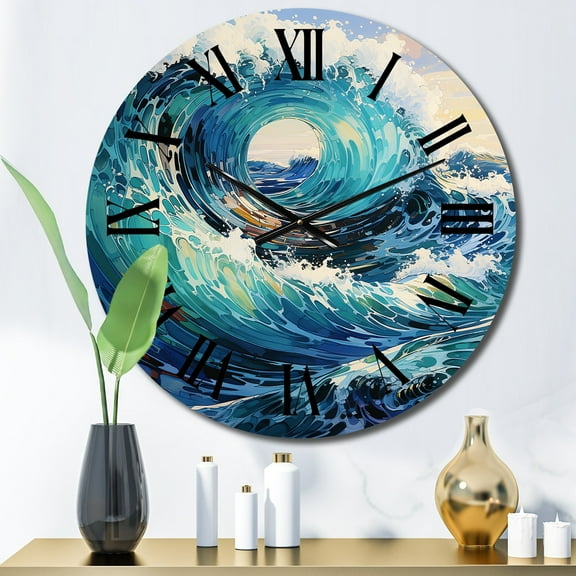 Designart "Of Wonder Coastal waves Waves painting III" Nautical & Beach Oversized Wall Clock