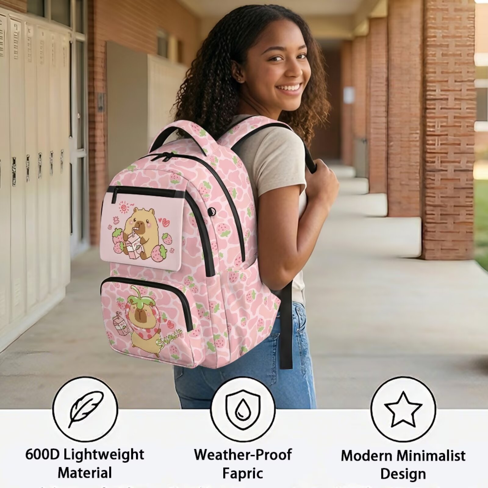 Mochila KUIFORTI Capybara Fresa para Niñas de Primaria y Secundaria, Ligera con Bolsillos Laterales, Mochila Escolar para Estudiantes 6