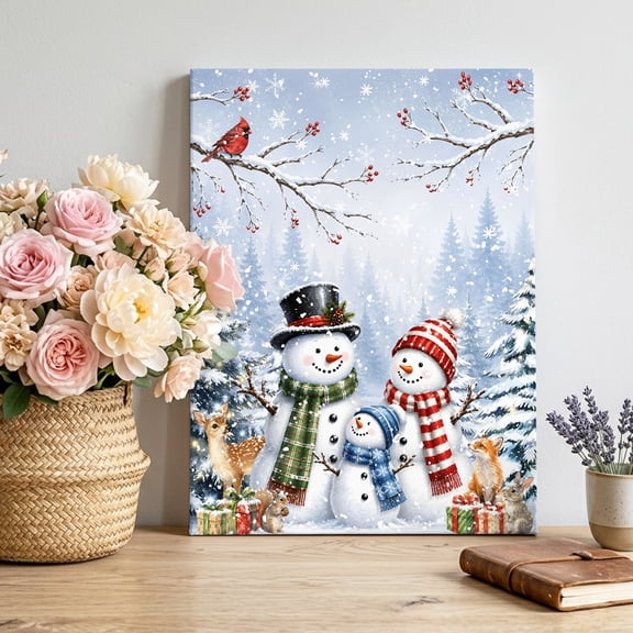 Canvas Wall Art, Blue Christmas Snowman Framed Canvas Prints for Living Room Bedroom, Winter Xmas Tree Cardinal on Branch Large Gallery Wrapped Wall Decor for Home Office, Gifts, 16"x20"