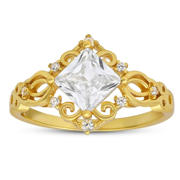 14k Gold Over Silver Princess-cut Cubic Zirconia CZ Filigree Ring