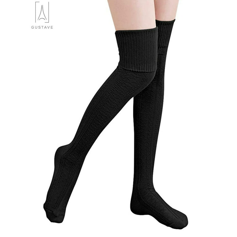 Gustave Women's Wool Thigh High Stockings,Over The Knee High Socks  Leggings, Winter Cable Knitted Stretchy Long Sockings Black