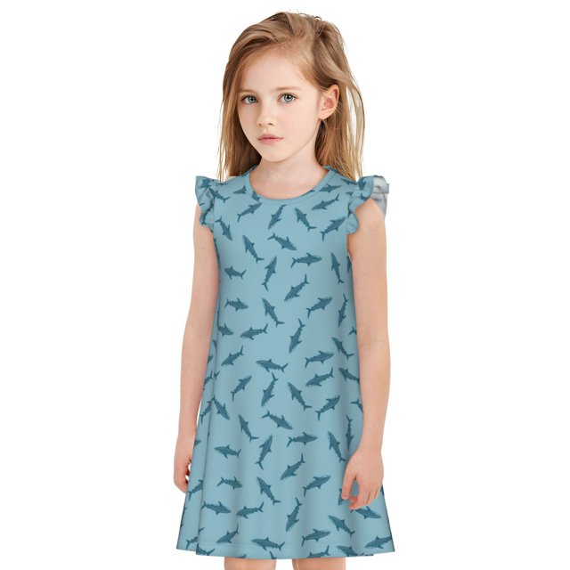 Fotbe Cute Shark Vestido de Dormir para Niñas de 3 a 10 Años, Mangas Cortas, Estilo Princesa, Pijama Camisón con Mangas Voladas-Small