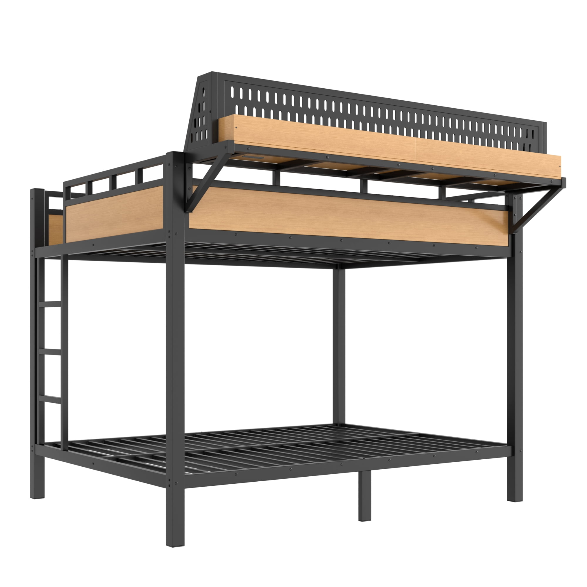Leumius Queen over Queen Size Bunk Bed with Storage Shelves and Pegboard,Heavy Duty Metal Bunk Bed with USB Ports and LED Lights,Space-Saving,Natural