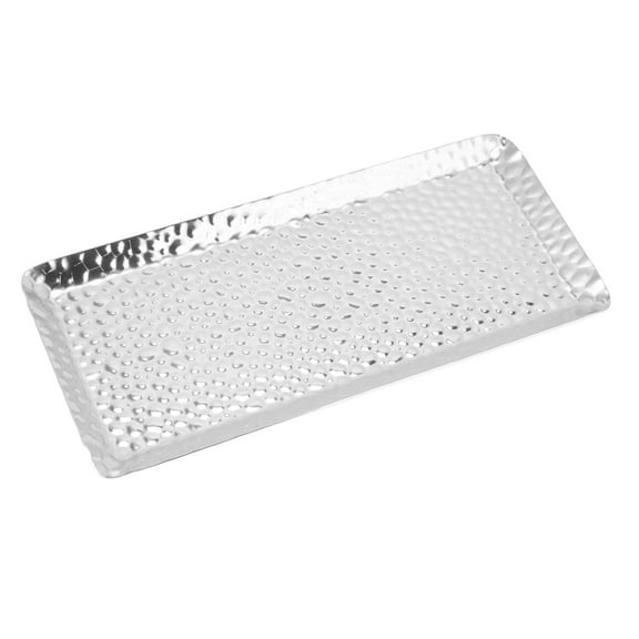 Stainless Steel Dinner Plate, Rectangular Serving Tray Platter Dish for Food and Fruits Hand Hammered Platter Bathroom Counter Vanity Decorative Tray[Silver]