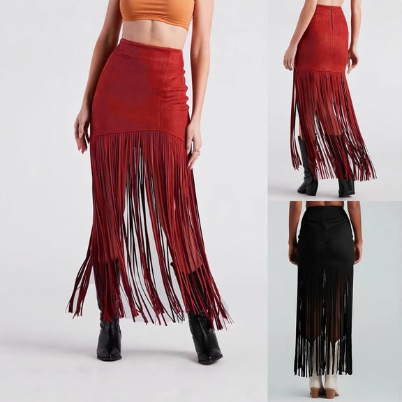 Mifsaly Womens Fringe Suede Skirt High Waist Long Tassel Western Bodycon Skirts Cowgirl Vintage Evening Party Vacation Outfits XXL