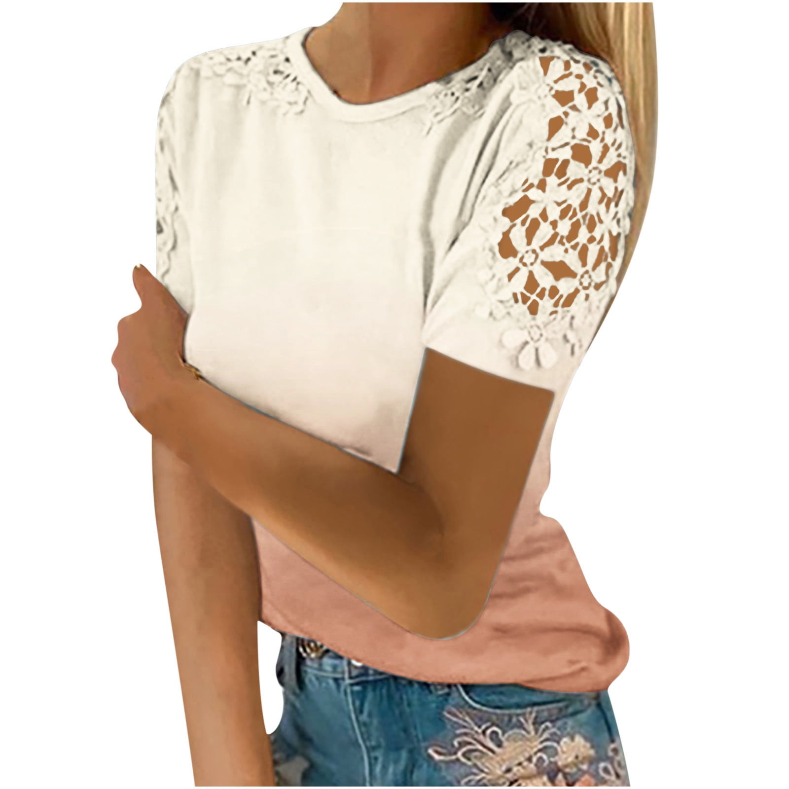 Charella Women Casual Printing Round-Neck Lace Hollow Out Short Sleeve ...