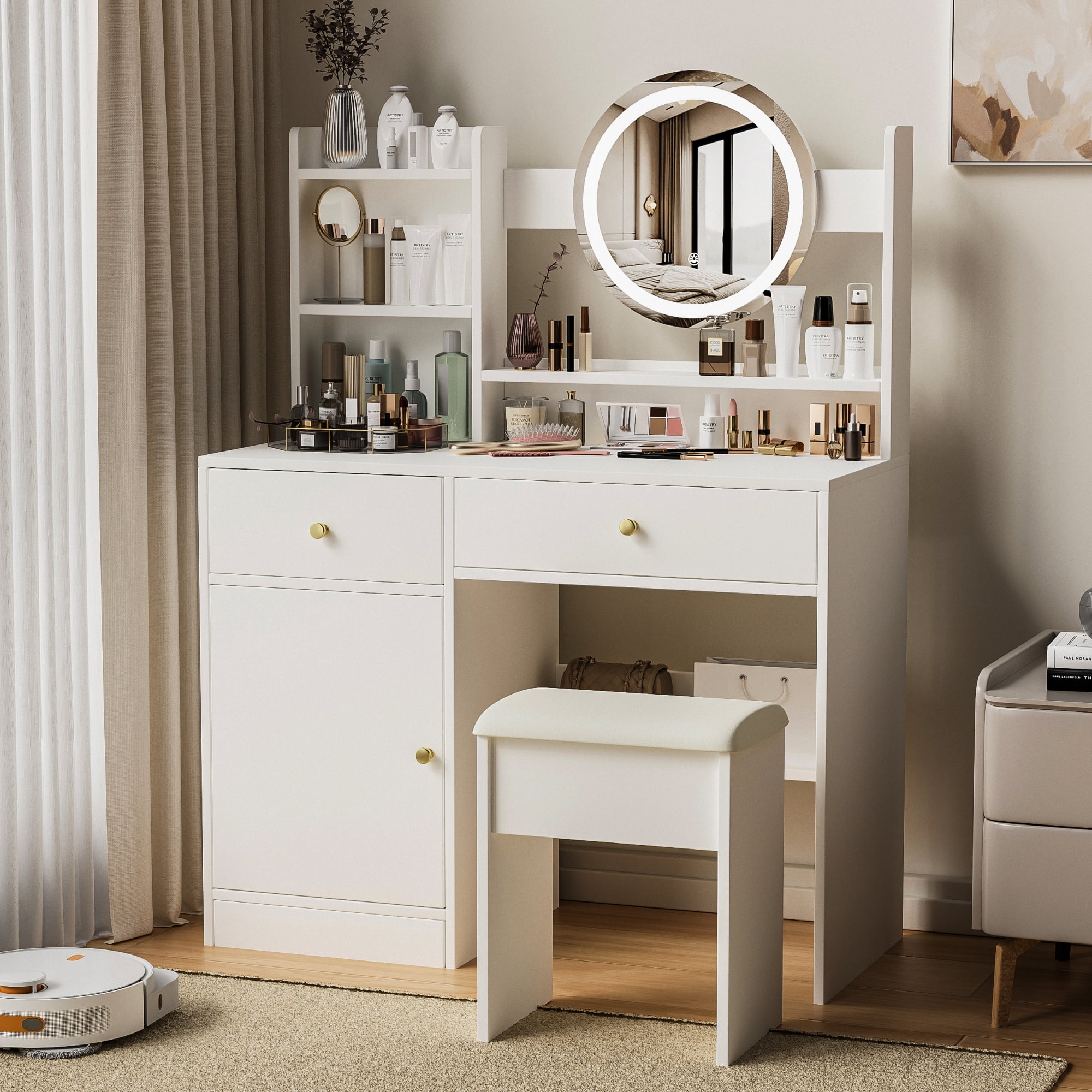 Makeup Vanity Desk with Mirror and Lights Dressing Table with 2 Drawers & Adjustable 3 Color Lighting Brightness for Bedroom Storage Cabinet,White