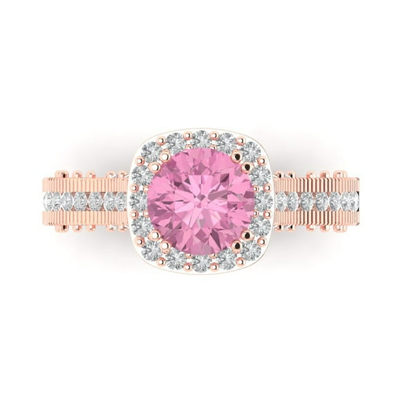 2.7ct Round Cut Pink Crystal 14k Pink Rose Gold Engraving Statement Bridal Wedding Halo Designer Ring Size 7.5