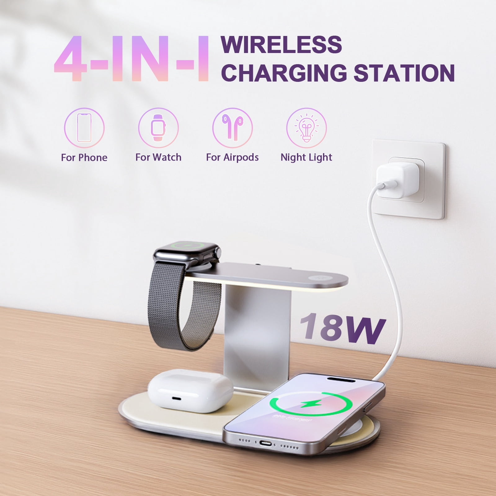 4 in 1 Charging Station,MagSafe Wireless Charger with Three Level Soft Night Light 15W Wireles Charging for iPhone 12 and above series,for iWatch Series,for AirPods,USB-C Charger Included,Silver