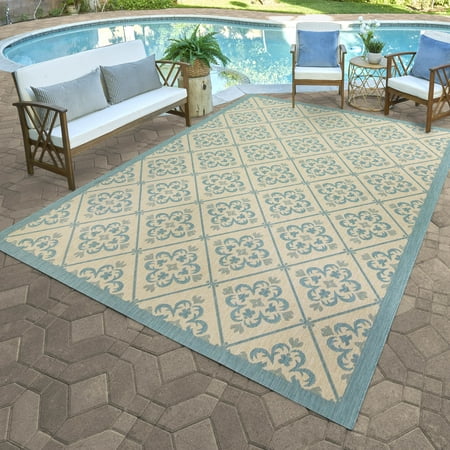 Paseo 6.5' x 9.5' Blue and Beige Trellis Outdoor Rug