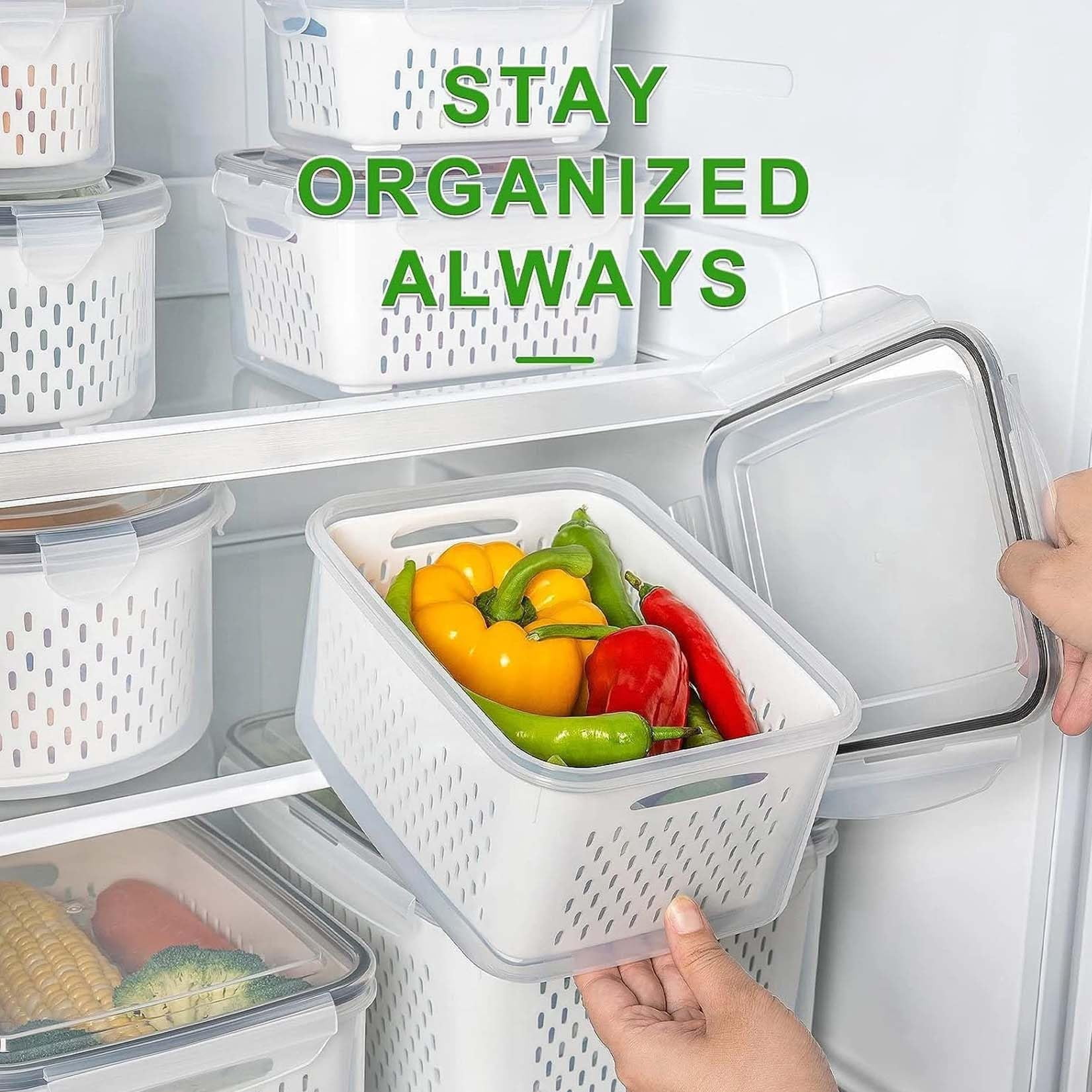 4 In 1 Food Storage Containers, Produce Storage Containers for Fridge, Fruit Storage Containers with Colander, Leakproof Fridge Organizer Bins for Salad Berry Vegetables Meat Keeper Fresh