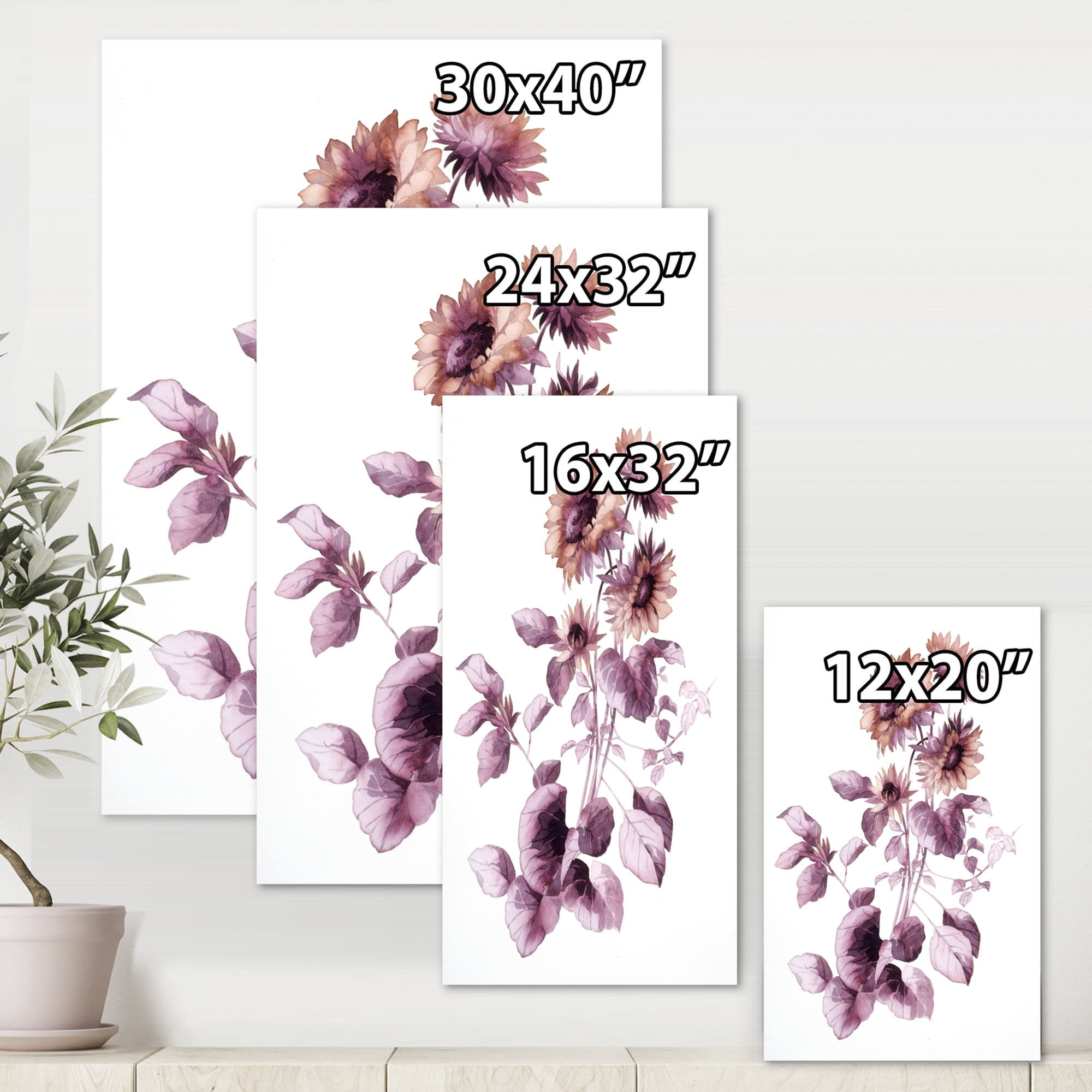 Purple Wildflowers On White III 12 in x 8 in Painting Canvas Art Print, by Designart