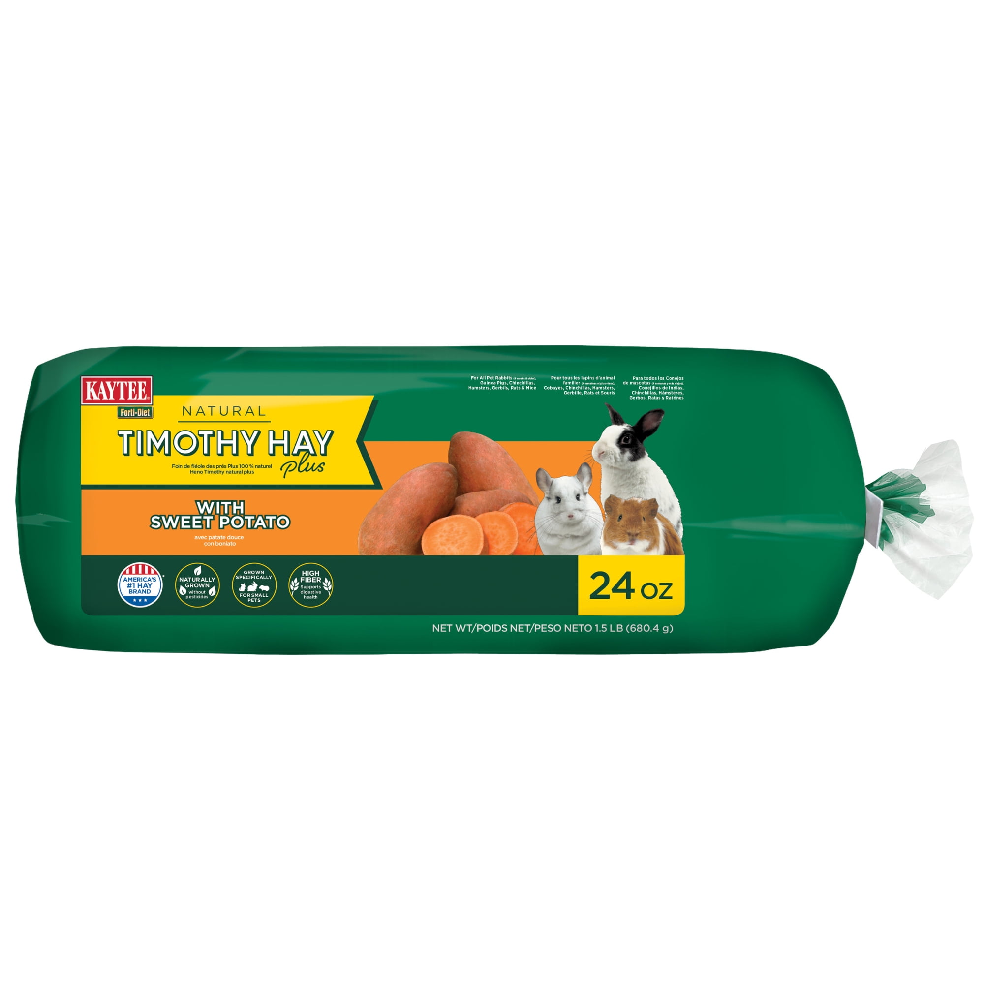 Kaytee Forti-Diet Timothy Hay plus with Sweet Potatoes For Rabbits, Guinea Pigs, Chinchillas, and Other Small Animals, 24 oz