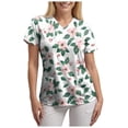 thumbnail image 4 of felwors Print Scrub Tops Women Floral Scrubs V Neck Short Sleeve Stretch Nurse Uniform with Pockets Functional Workwear (White, L), 4 of 5